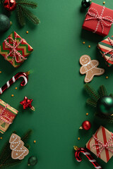 Vibrant vertical holiday scene with gifts, cookies, candy canes, pine branches and ornaments...