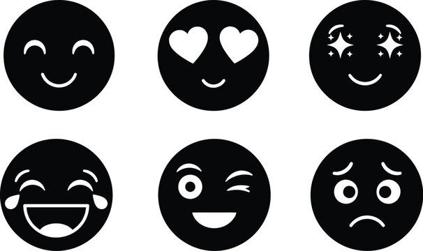 Naklejki Set of Cartoon Emoticons Collection With Black Color Vector Illustration On Transparent Background, Smile, Wink, Laughing and Crying