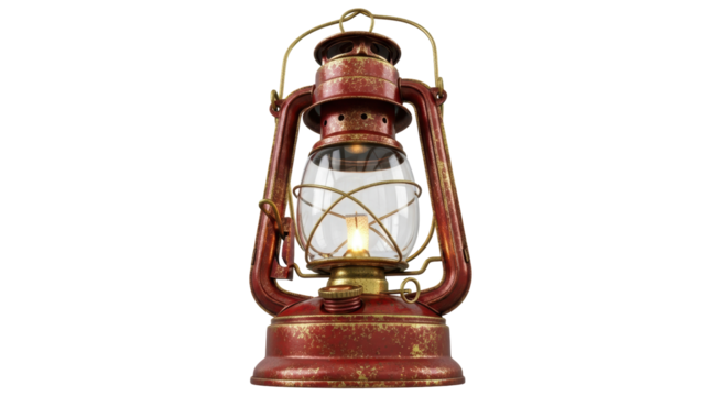 Vintage red kerosene lamp PNG isolated, antique lantern with glass globe and golden accents for rustic decor and atmospheric lighting