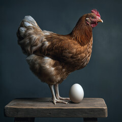 photo of a chicken pecking an egg on top of a wooden stool, 