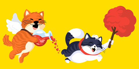 Two cat mascots celebrating Valentine's Day: an orange winged cat full of love, and a blushing gray cat.