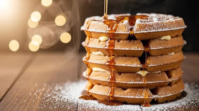 Golden waffles stacked with dripping maple syrup and powdered sugar on wooden surface