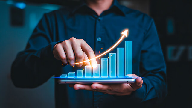 Person interacting with holographic bar chart above tablet, showing financial growth and data visualization