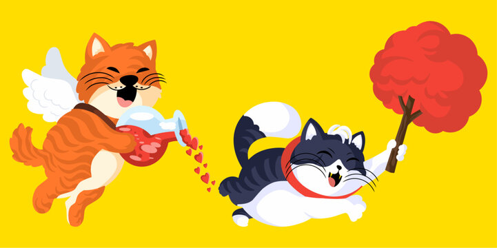 Two cat mascots celebrating Valentine's Day: an orange winged cat full of love, and a blushing gray cat.