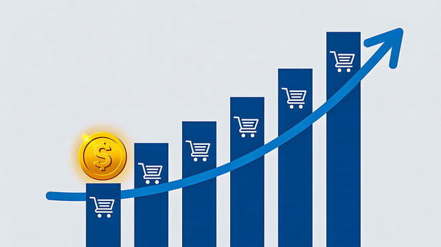 Bar graph with shopping cart icons and upward arrow illustrating consumer spending and economic growth