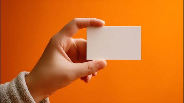 Hand holding a blank white business card against a vibrant orange background