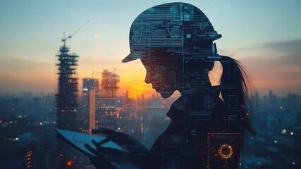 A construction worker silhouette with tech overlay, viewing a cityscape at dusk - Powered by Adobe