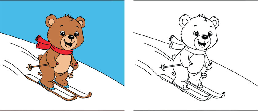 Coloring book page for kids with cute cartoon bear skiing. Vector illustration of happy animal skier with color reference and black and white outline.