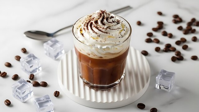 Iced coffee drink with whipped cream and cocoa powder garnish
