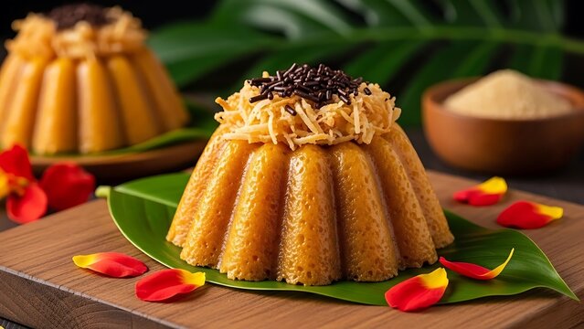 Delicious traditional filipino bibingka served on banana leaf close up