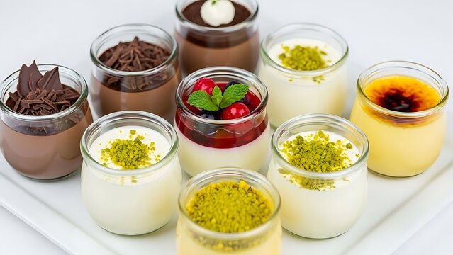 Assortment of individual dessert puddings in small glass jar