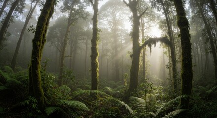 Obraz premium Lush moss covered tree trunks rise through dense jungle ferns with bright morning light rays