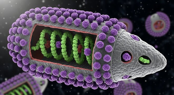 Detailed virus cell structure shows complex genetic code, perfect for educational materials, research presentations, and medical visualizations of viral infections