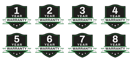 Set of Years warranty shield label. shield warranty badge icon set. Guarantee labels for 1 to 10 years. Vector isolated on white background.