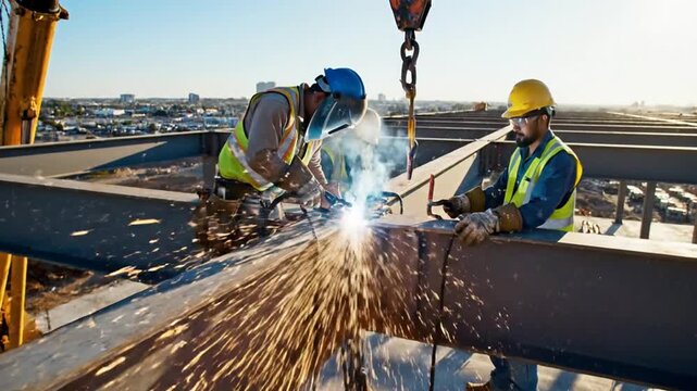 Construction workers welding steel beams on a high rise building site.