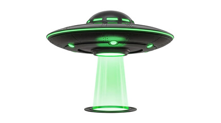 Black UFO with green lights isolated PNG, alien spaceship with beam for science fiction and extraterrestrial themes
