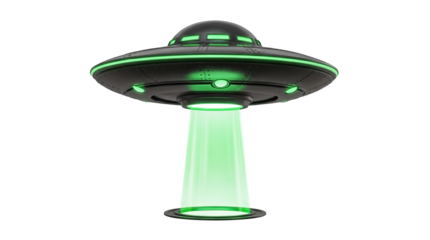 Black UFO with green lights isolated PNG, alien spaceship with beam for science fiction and extraterrestrial themes