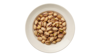 Pile of pistachios on a plate PNG isolated on transparent background, healthy snack food rich in nutrients and antioxidants