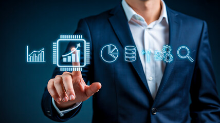 Businessperson in suit interacting with digital data analytics interface featuring microchip, charts, and database icons