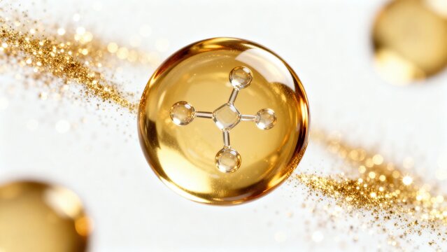 Oil-soluble Vitamin C molecule encapsulated in a glossy golden lipid shell, captured with depth of field for a vibrant and scientific visual appeal.