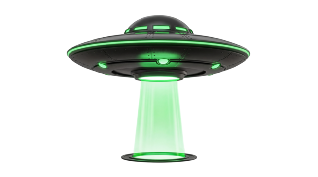 Black UFO with green lights isolated PNG, alien spaceship with beam for science fiction and extraterrestrial themes