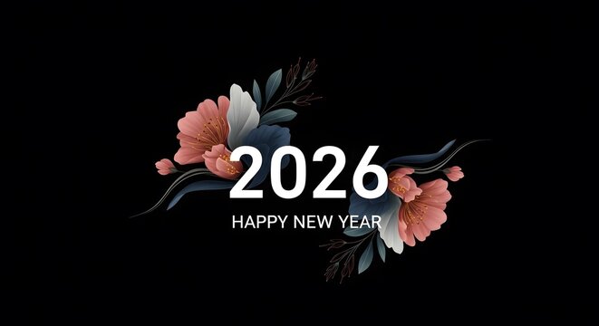 Happy new year 2026 decorated with elegant floral elements on black background