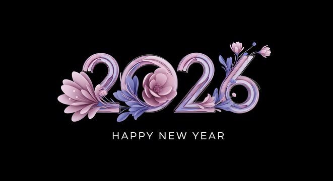 Happy new year 2026 floral design elegant decorative elements on black background