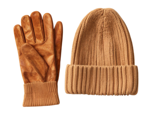   Woolen Gloves and Knitted Beanie Flat Lay Set, Matching Fall Colors, Isolated on Transparent Background 