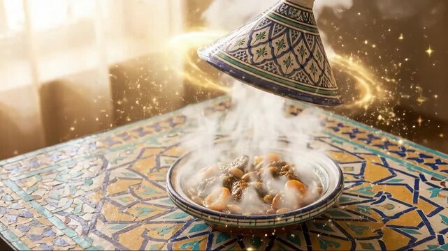 Whimsical tagine dish with magical glowing steam effect.
