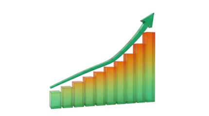 Green and orange bar graph with arrow isolated PNG, business growth chart on transparent background, financial success and market trend