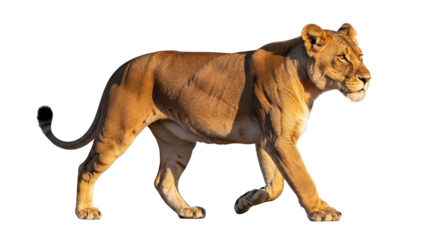 Majestic lioness walking isolated PNG on transparent background, powerful feline predator with golden fur and intense gaze, wildlife animal