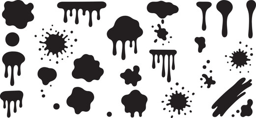 Black dripping oil stain, melt drips , liquid, ink  vector set silhouettes isolated vector illustration.