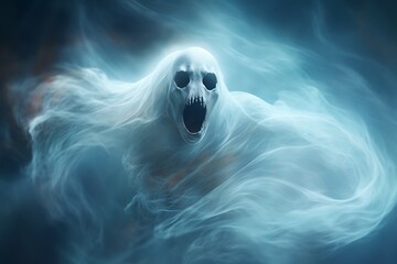 Classic flying ghost, scary facial expression, wide eyes and mouth