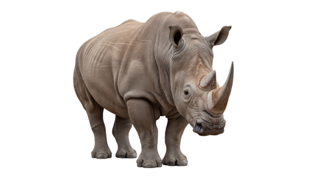 Majestic rhinoceros PNG isolated on transparent background, powerful African wildlife animal with thick skin and prominent horns, wildlife conservation