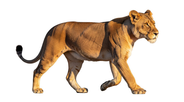 Majestic lioness walking isolated PNG on transparent background, powerful feline predator with golden fur and intense gaze, wildlife animal