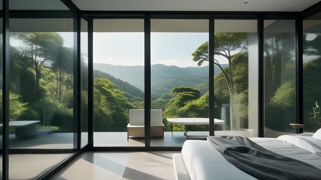 Modern Bedroom with Panoramic Mountain and Forest Views Through Floor-to- Ceiling Windows