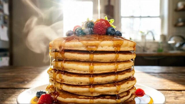 Warm, homemade pancakes stacked high with fresh berries and syrup.