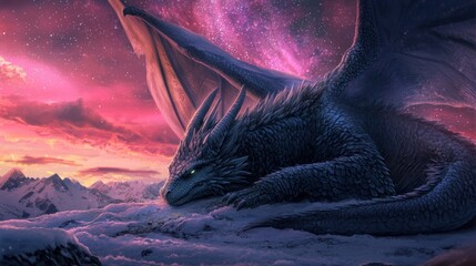 Majestic Dragon Resting Under a Vibrant Aurora Borealis Sky.