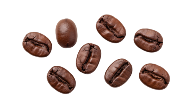 Roasted coffee beans isolated PNG, aromatic ingredient for espresso and cappuccino preparation on transparent background