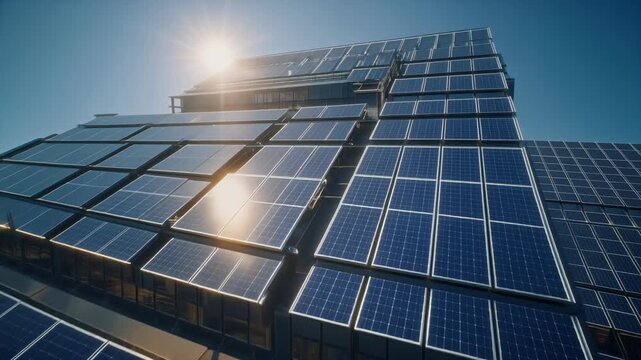 Modern building facade covered in solar panels with the sun shining brightly renewable energy