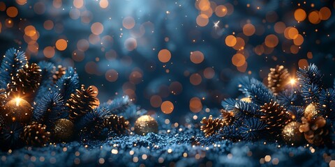 Panoramic Winter Christmas Scene with Pine Cones and Festive Lights