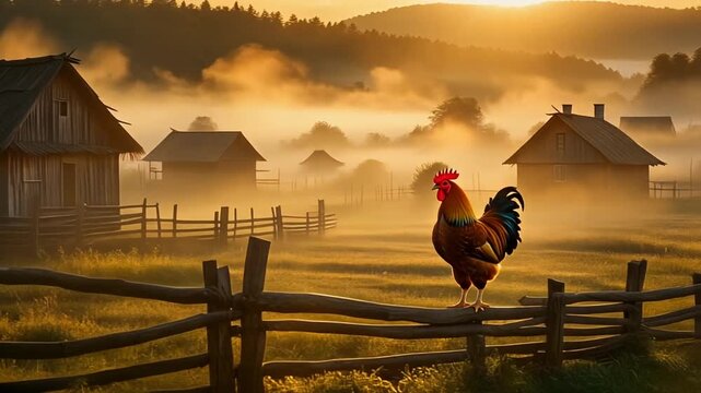 A magnificent rooster on a rustic fence greets a peaceful rural village sunrise, bathed in warm golden light, with gentle mist creating an idyllic, tranquil country landscape