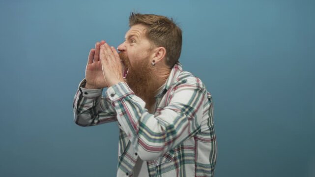Man with long red beard cups hands to mouth against solid blue studio wall in open mouth shouting gesture; surprise.