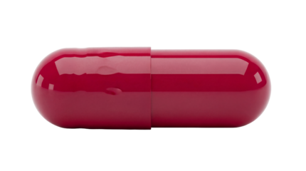 Red capsule isolated PNG, medicine pill for healthcare and pharmaceutical industry on transparent background, single object