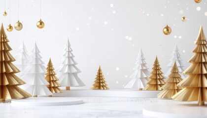 Minimal modern Christmas background with white and gold decorative trees, hanging ornaments, and clean snowy studio scene