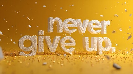 3D Text “Never Give Up” with Flying Debris and Golden Particles on Yellow Background