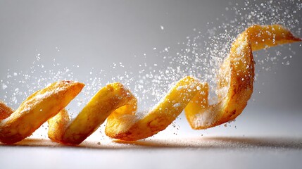 Golden Curly French Fries with Flying Salt in Dynamic Motion