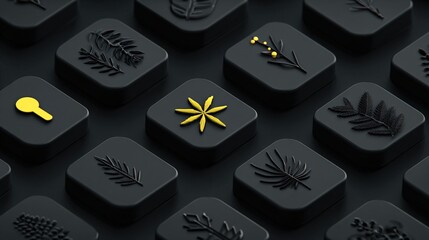Modern 3D Botanical Blocks with Yellow Accents in Dark Minimal Style