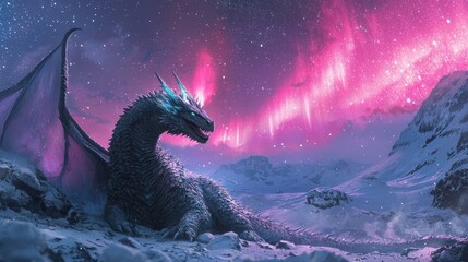 Majestic Dragon Resting Under the Aurora Borealis in a Snowy Landscape.