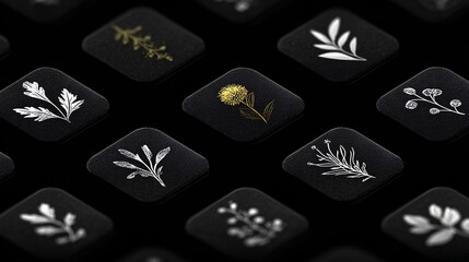 Elegant Black Botanical Icons with Gold Accent in Minimalist Grid